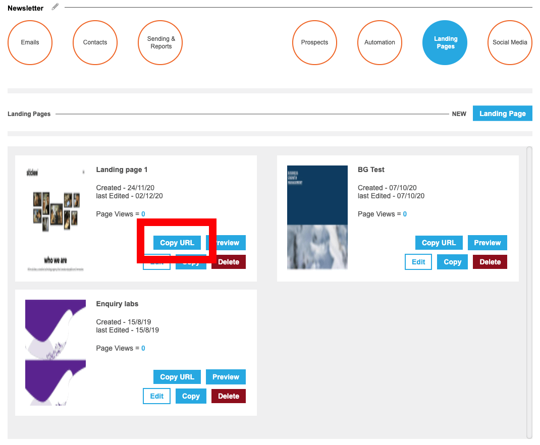 How to find a landing Page Link Selection of landing pages on popcorn with red box around a button saying 'copy URL'