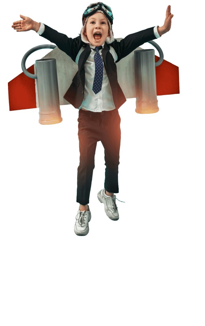 Boy in school uniform and goggles being propelled by rocket on his back, with white drawing of fumes coming from propellers