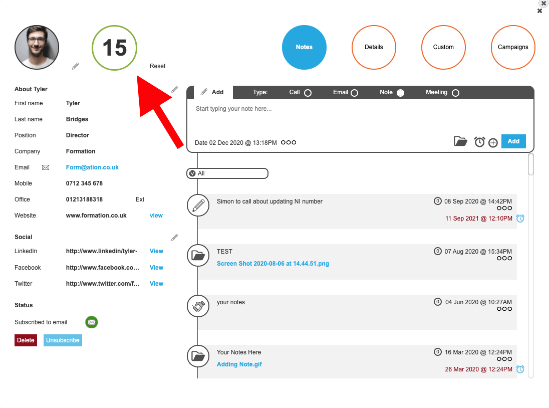 contact profile in popcorn, with a red arrow pointing to the contact's prospect score