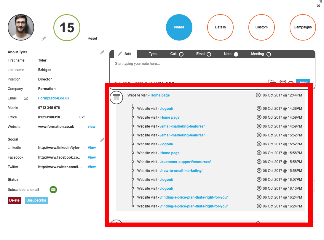 red box around contact's website activity on contact's profile page