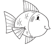 Outlined drawing of a three-finned fish, swimming right and smiling at the screen