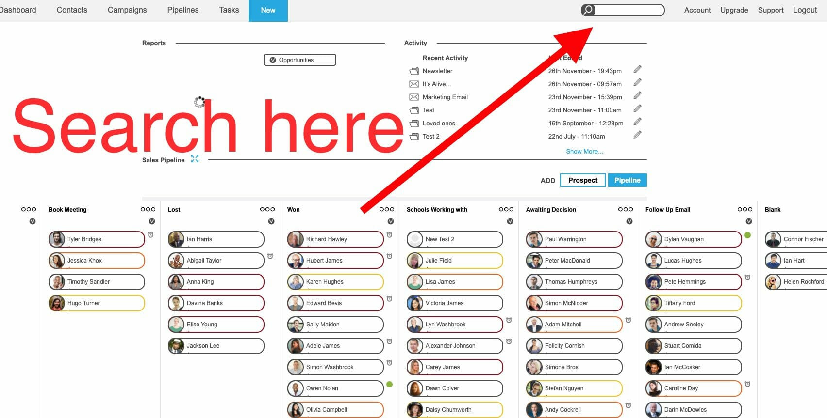 Search here Screen shot image of popcorn's crm, with an arrow pointing to the search bar and text saying 'Search here'