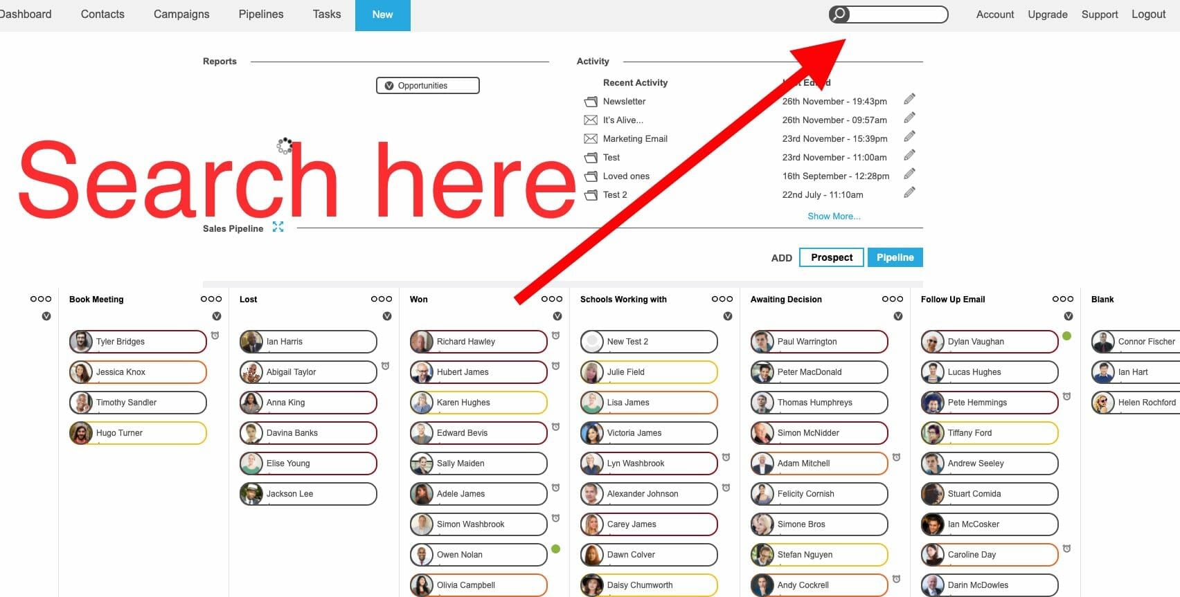 Search here Screen shot image of popcorn's crm, with an arrow pointing to the search bar and text saying 'Search here'
