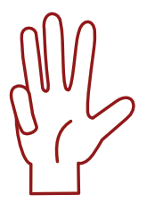 Red outlined drawing of a hand, with the index, middle and ring fingers, and thumb, extended