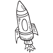 Outlined drawing of a rocket ship, pointed to the top-left of the screen, with flames coming out of the rocket boosters