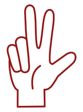 Red outlined drawing of a hand with the index finger, middle finger and thumb extended